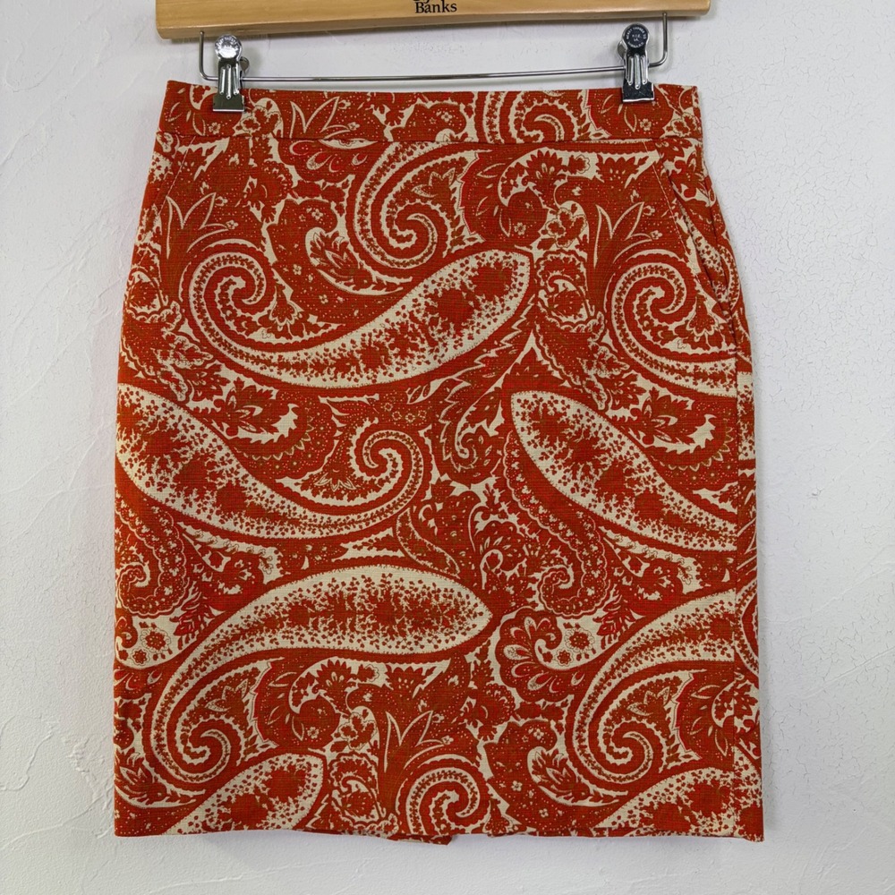 J Crew Paisley Pencil Skirt Women 8 Orange White Cotton Office Preppy Boho